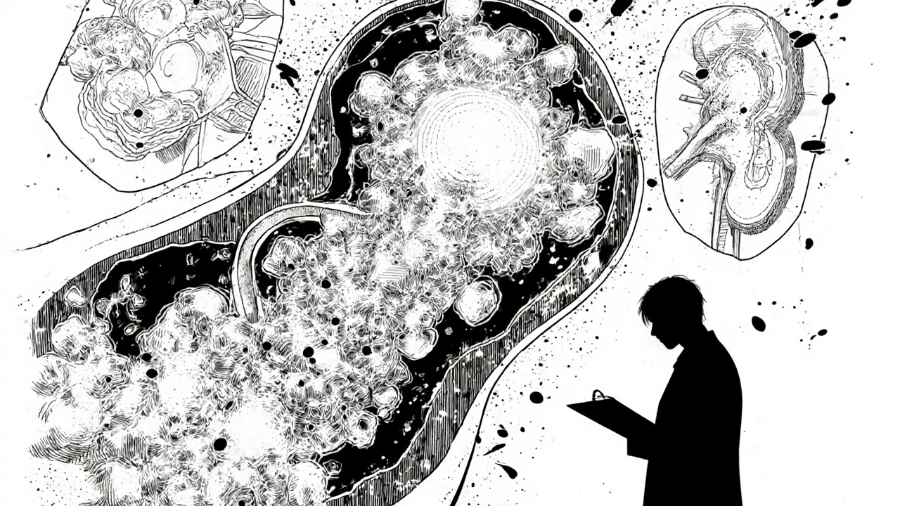 A kidney filtering dissolved uric acid particles with medical diagrams floating nearby.