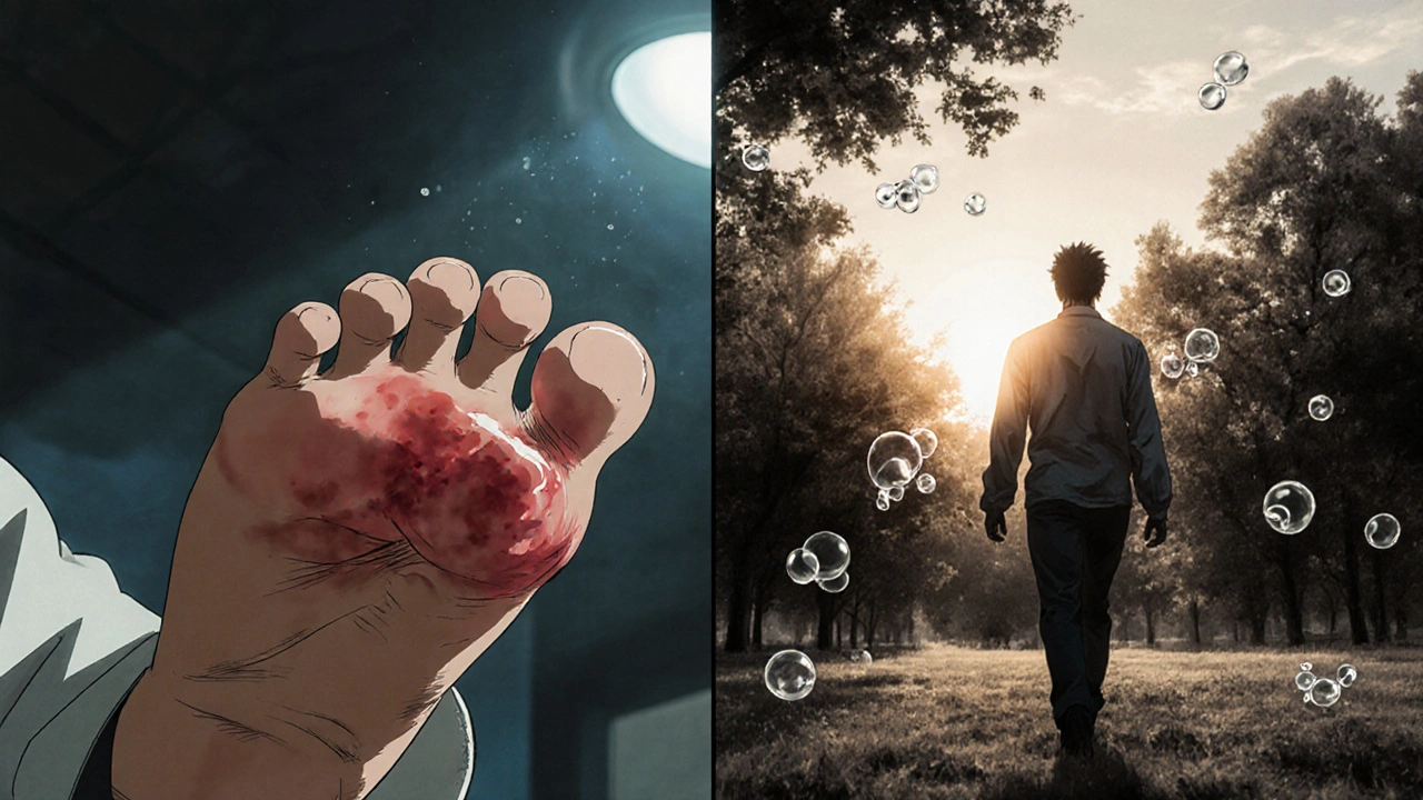 A man transitioning from gout pain to calm walking under sunrise light.