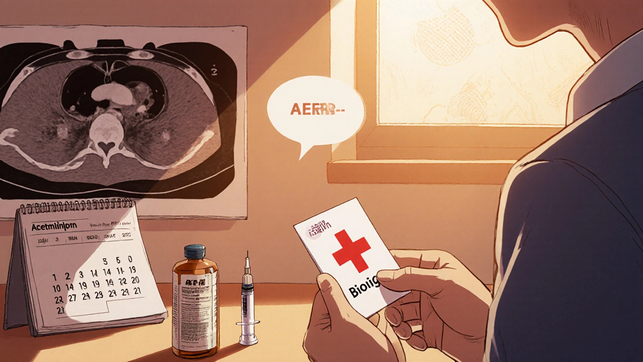 AERD patient holding medication card, acetaminophen bottle, syringe, calendar, CT scan, and support chat.