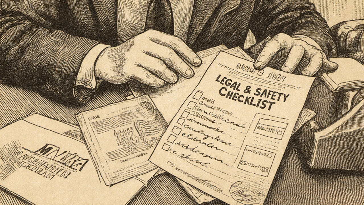British man reviewing a prescription and safety checklist at a kitchen table.