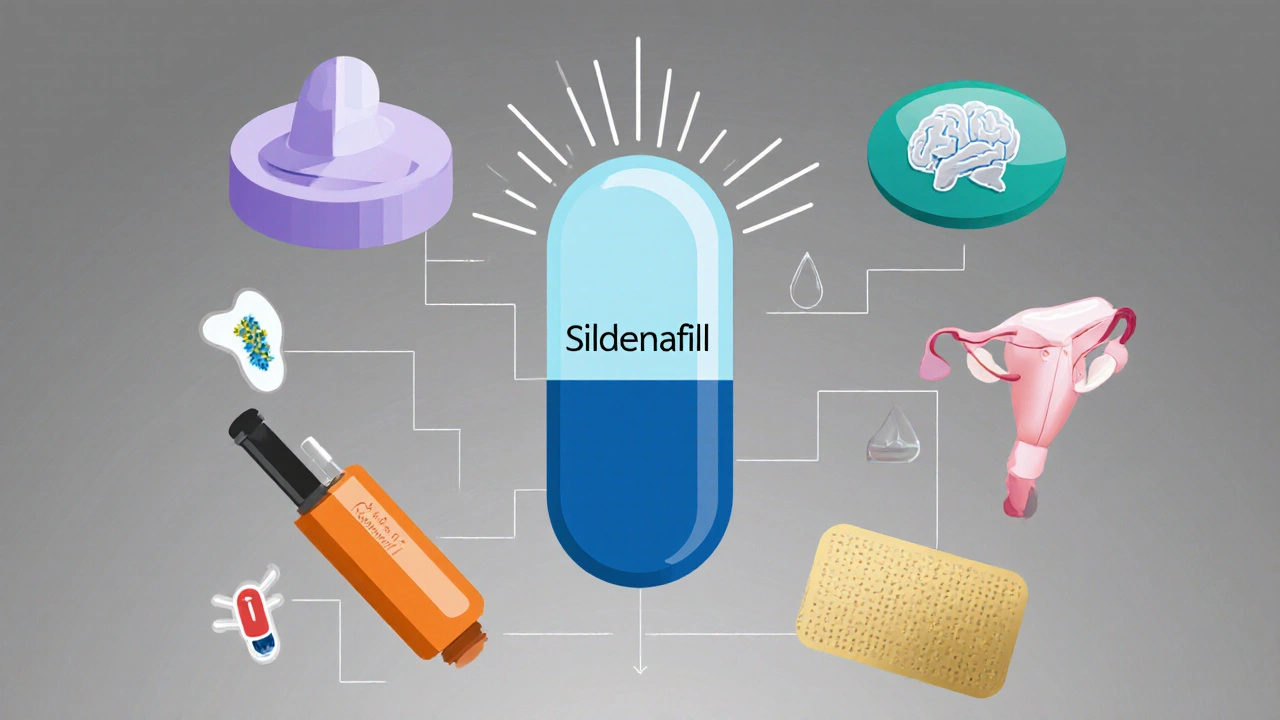 Collage of five sexual health medications with icons of their mechanisms.