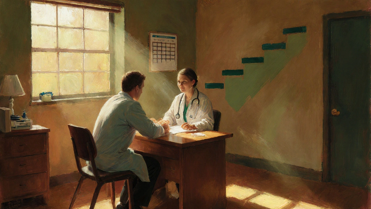 Doctor and patient discussing treatment in a warm, softly lit clinic.
