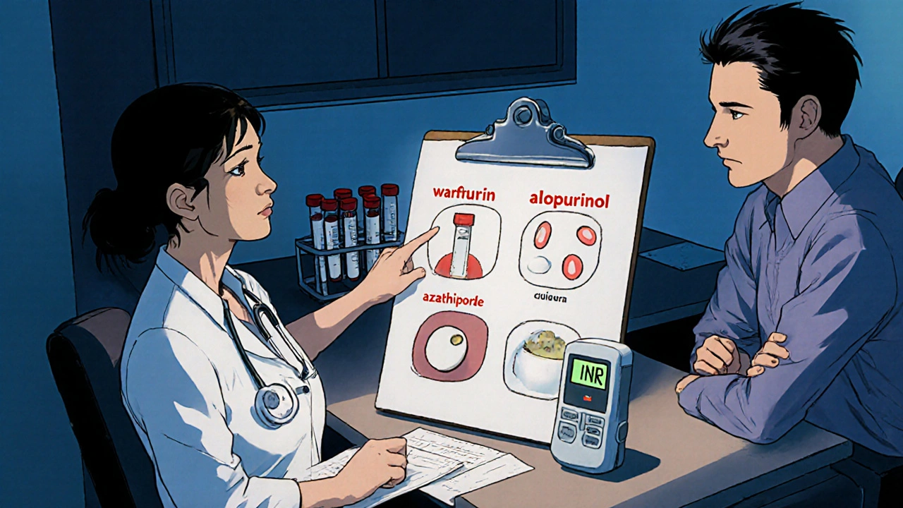 Doctor and patient reviewing warfarin and other meds with blood test equipment in a clinic.