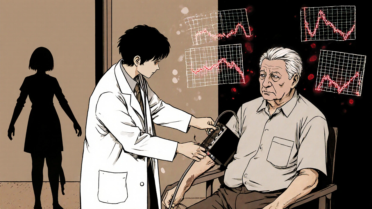Doctor checking blood pressure of elderly patient with ghostly pressure graphs floating in the air.