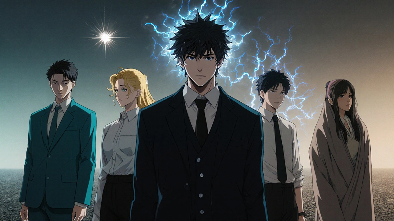 Five characters representing different antidepressants stand together, each with distinct colors and auras.