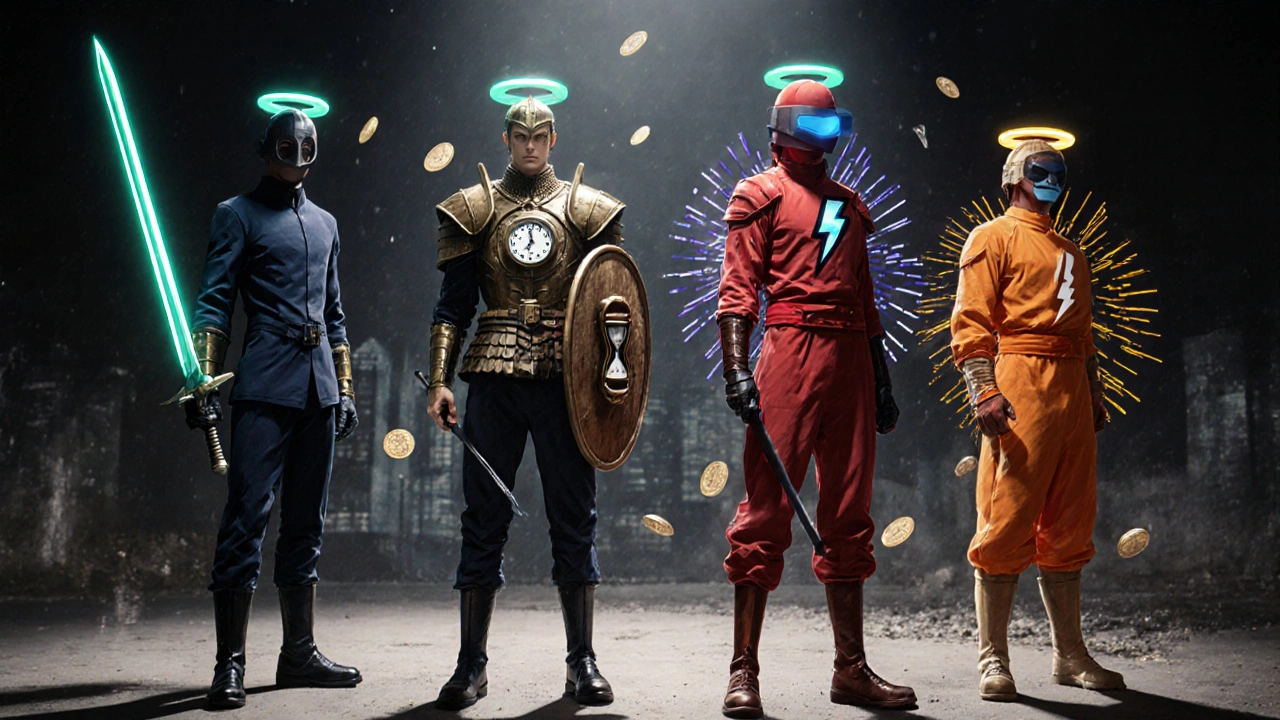 Four stylized warriors symbolize Levitra Soft, Cialis, Viagra, and Stendra with icons for speed and duration.