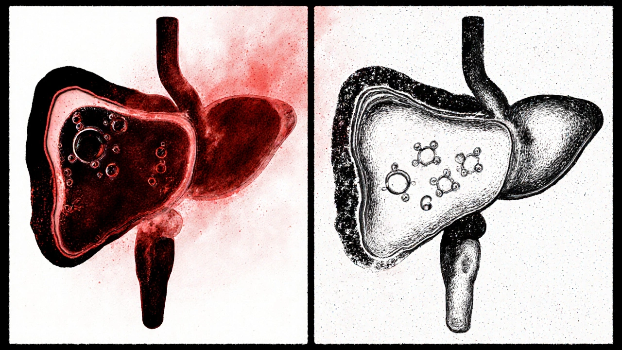 Gallbladder comparison: inflamed vs. healthy with aspirin molecules at work.