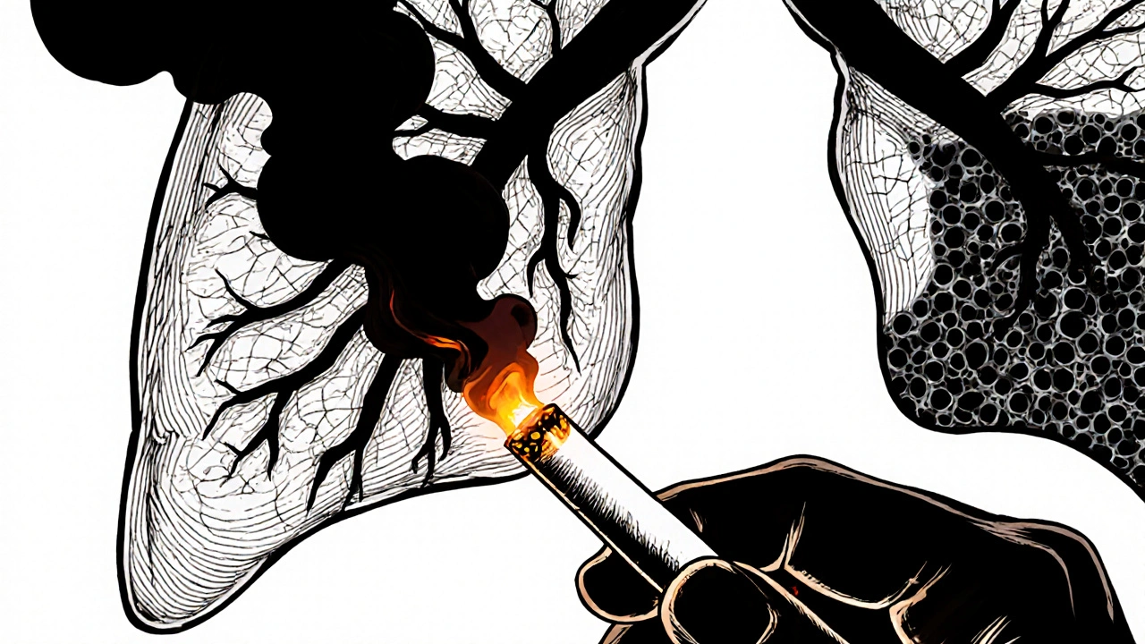 Hand holding a cigarette with toxic fumes turning into damaged lung tissue.