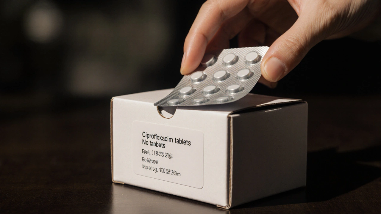 Hand opening a medication box to reveal a blister pack with clear labeling.