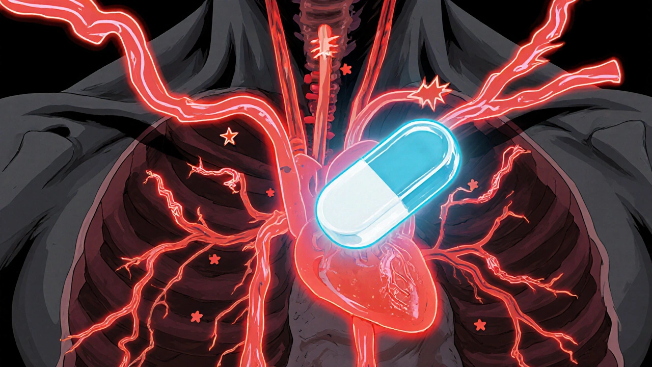 Heart with glowing arteries being widened by a cyan tablet while red stress symbols constrict them.