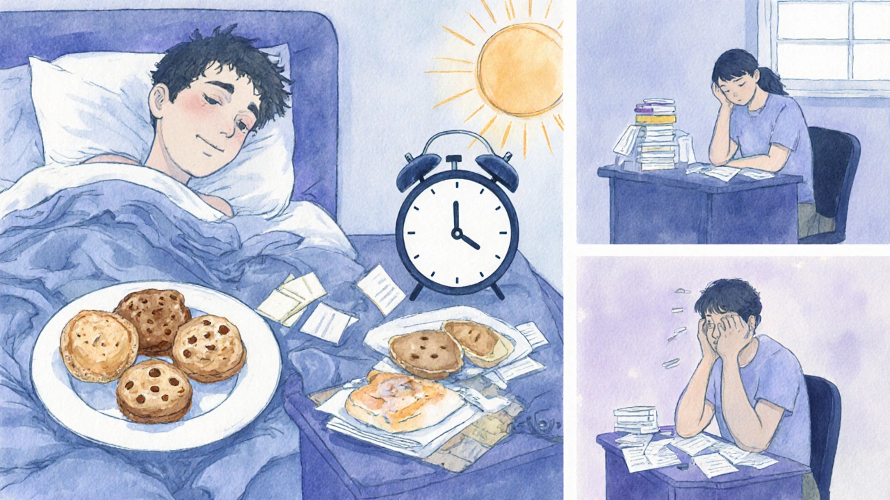 Illustration of oversleeping, pastry cravings, and difficulty concentrating.