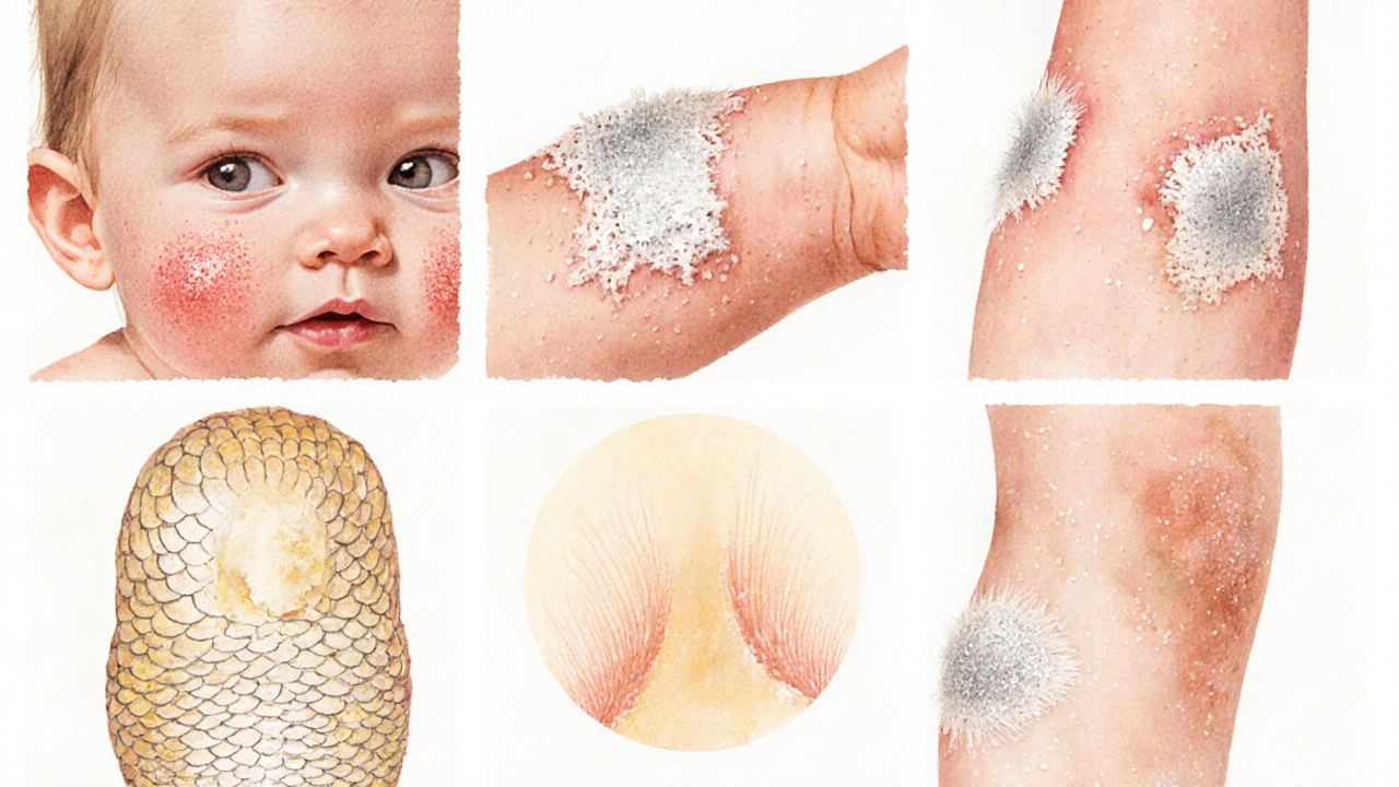 Illustrations of five common childhood skin conditions with distinct rash patterns.