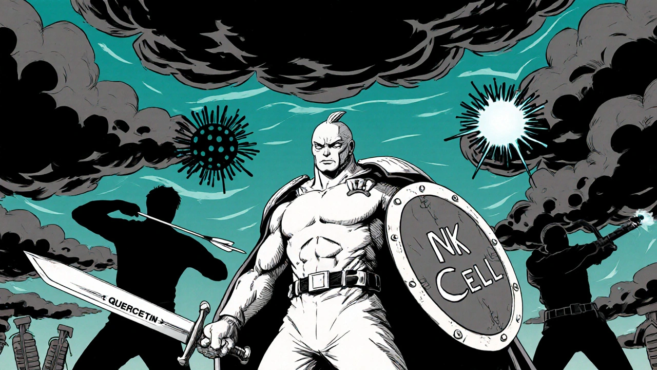 Immune cells wielding quercetin swords and allicin arrows fight virus particles.