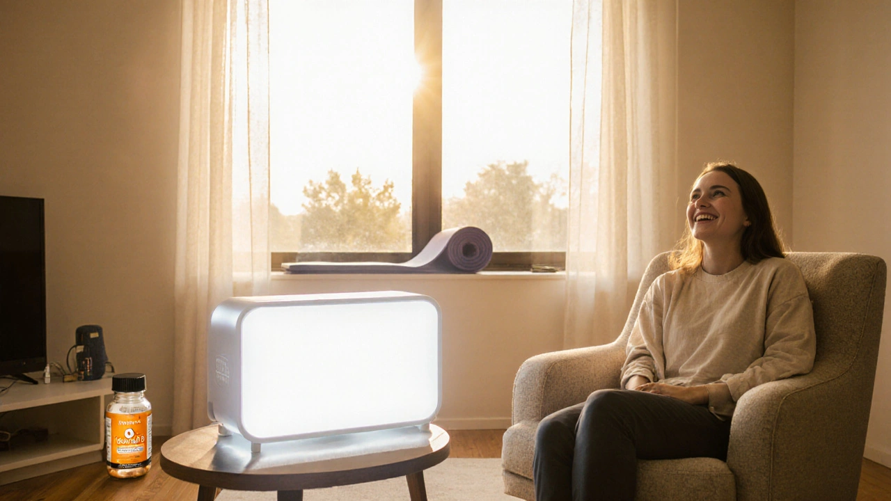 Light therapy box illuminating a smiling person with sunrise light.