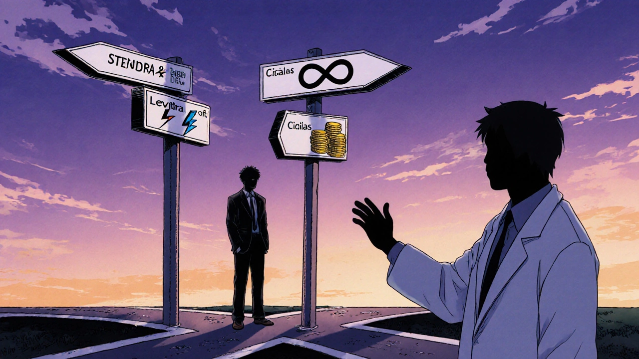 Man at a twilight crossroads looks at signs for speed, duration, and cost, guided by a doctor.