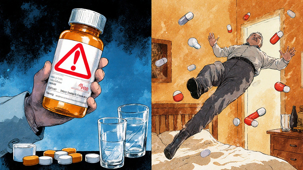 Man falling slowly mid-air surrounded by pills and compression stockings, time frozen in dramatic anime scene.