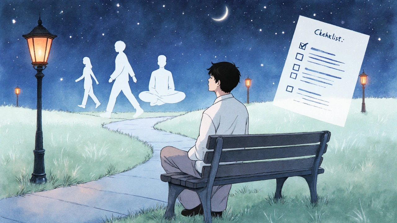 Man on park bench practicing breathing, surrounded by calm evening scenery and subtle habit icons.