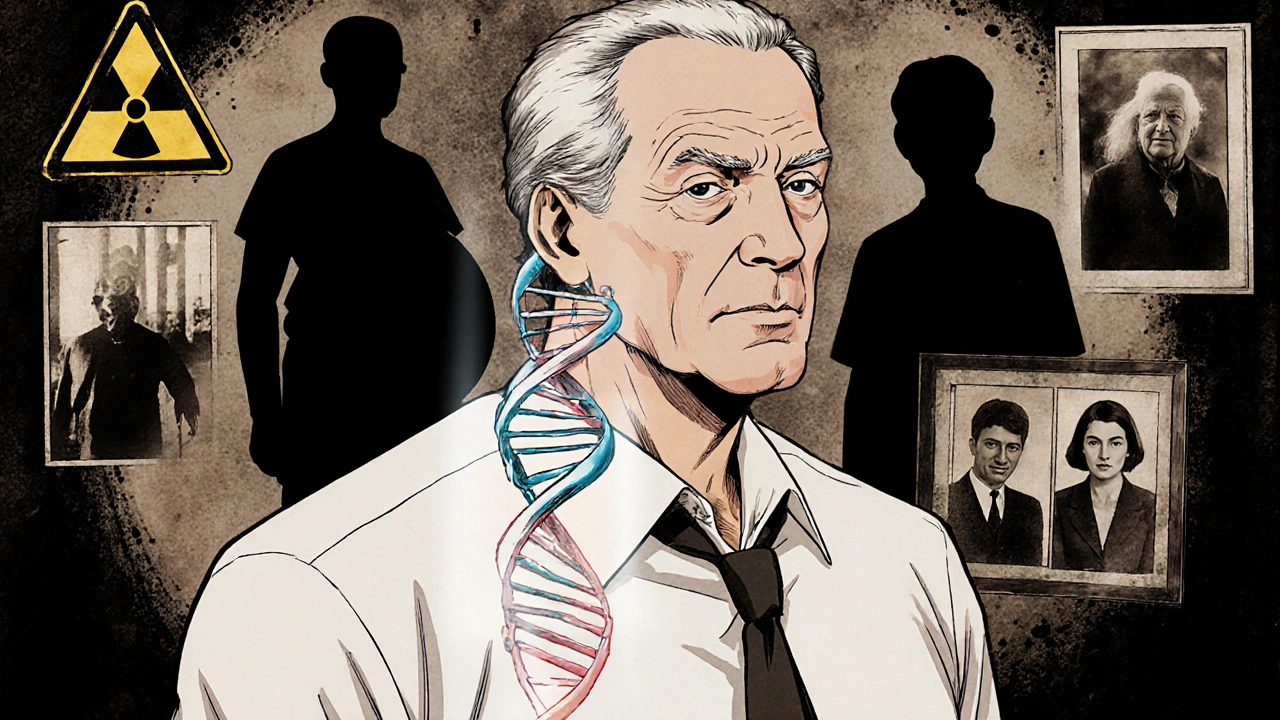 Man surrounded by visual cues for genetic, obesity, and radiation risk factors.