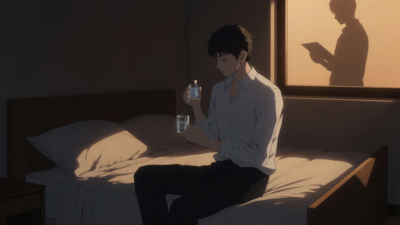 Man taking a tablet with water in a softly lit bedroom, hinting at safe use.