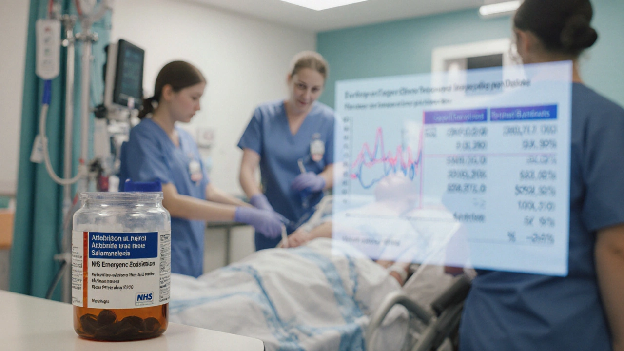 NHS emergency room with a patient on IV, nurse, and subtle cost chart reflection.