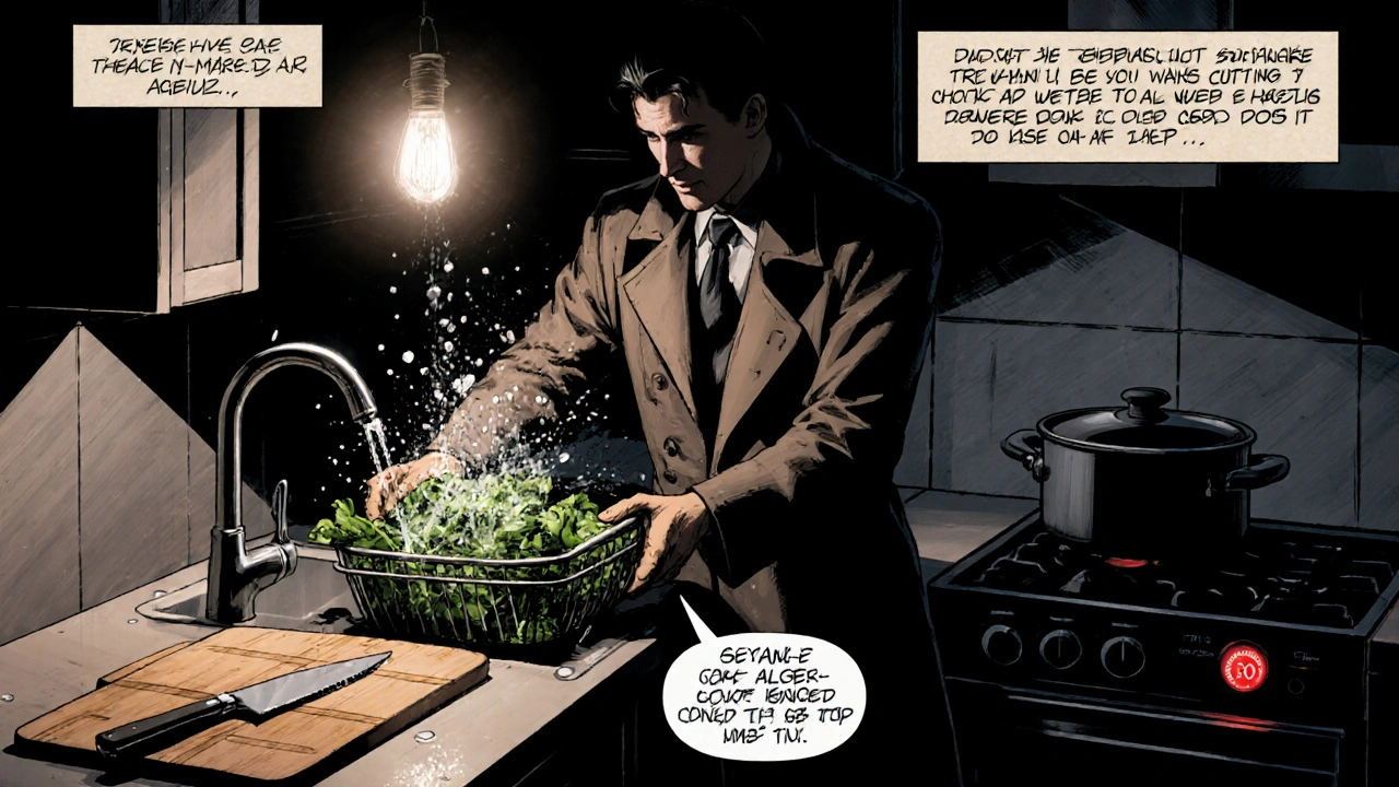 Noir kitchen scene of a detective washing vegetables, using vinegar and separate cutting boards.