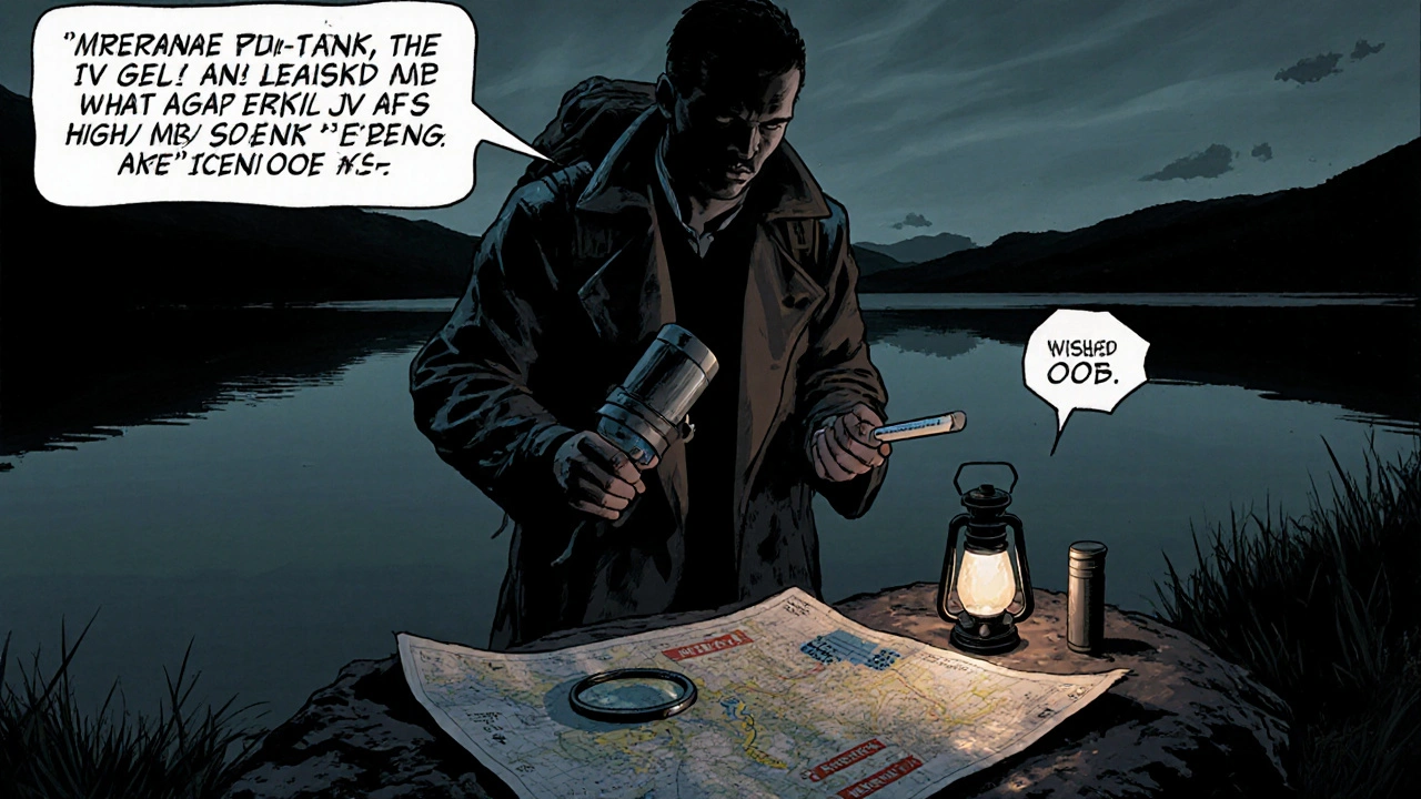 Noir travel scene of a backpacker using a water filter and chlorine test kit outdoors.