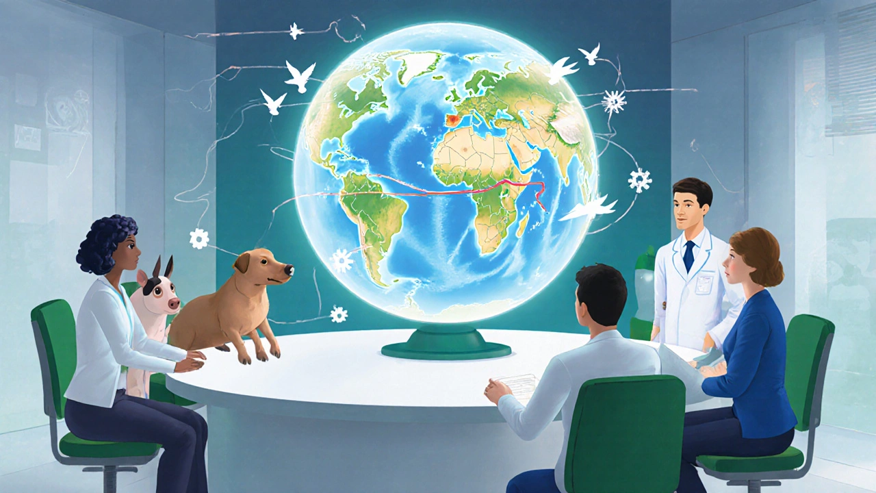 One Health team reviews a holographic globe showing bird migration and flu risk.