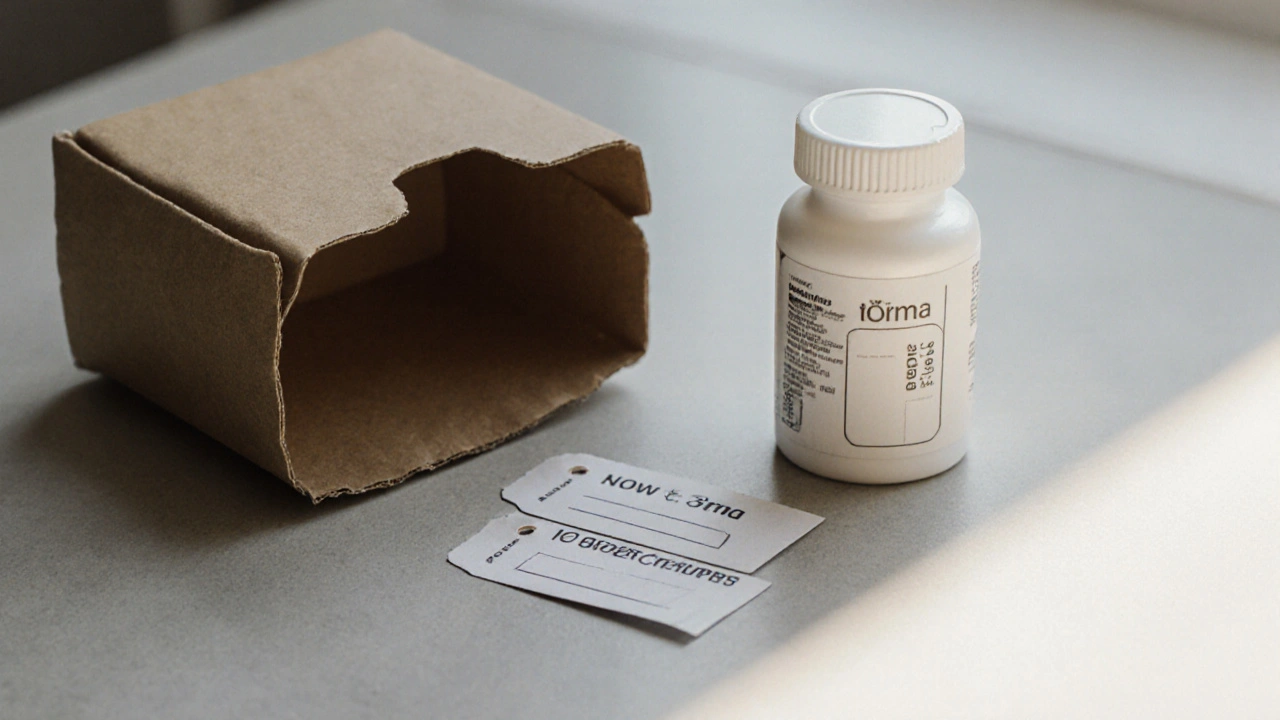 Open package revealing a white ivermectin pill bottle with price tags.