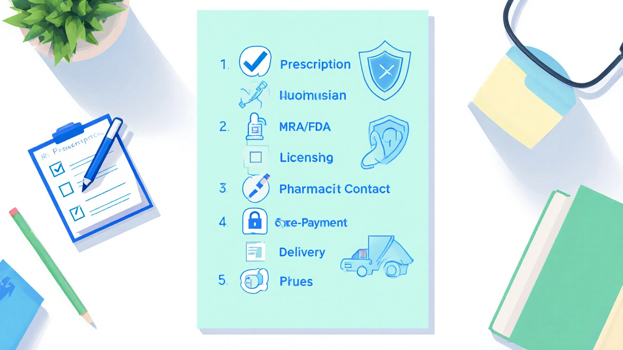Overhead view of a checklist with icons for prescription, licensing, payment, and shipping.