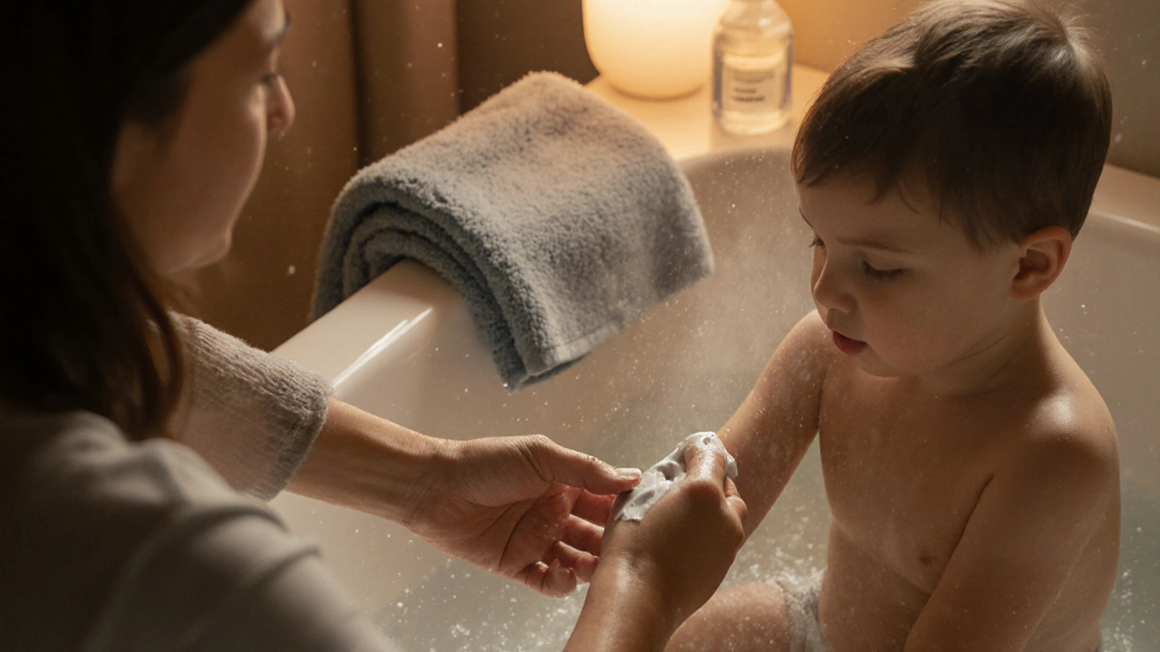 Parent applying moisturizer to child's arm after a bath in a cozy bathroom.