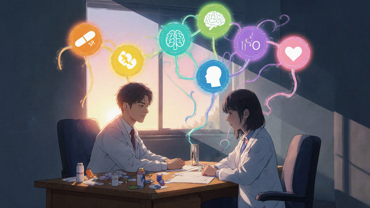 Patient and doctor discuss options as colored ribbons branch above them, forming a decision tree.