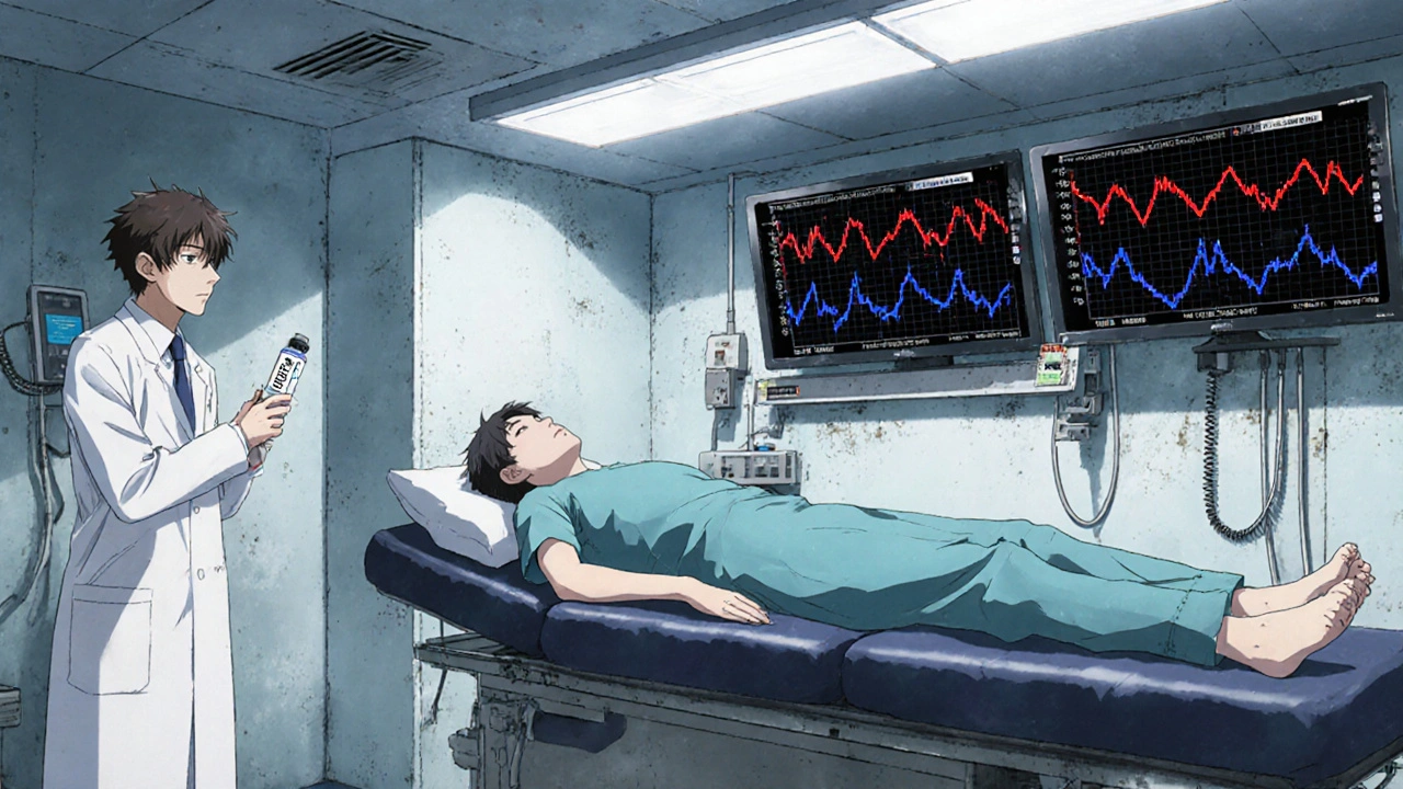 Patient on exam table during aspirin challenge, monitors show red leukotriene spikes, doctor observes.