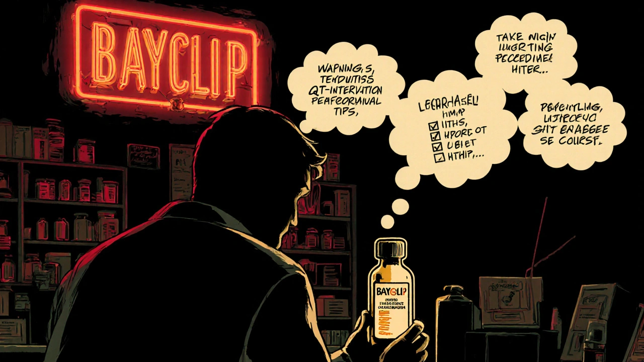 Patient reviewing Baycip safety warnings and tips at a neon-lit pharmacy.