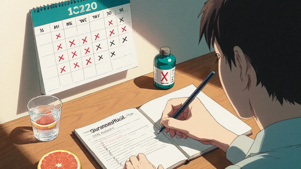 Patient writing medication list at home, calendar marks CBC, grapefruit and herbs crossed out.