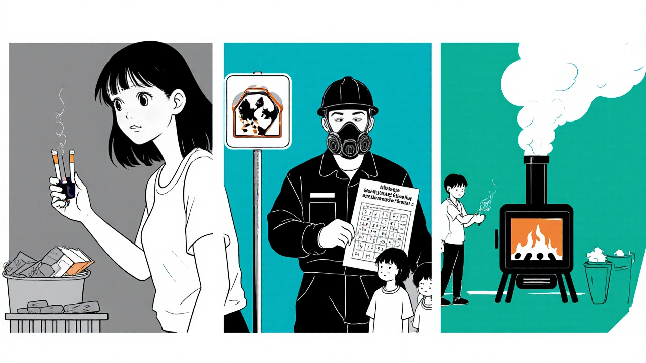 People quitting smoking, wearing respirator, and using clean stove.