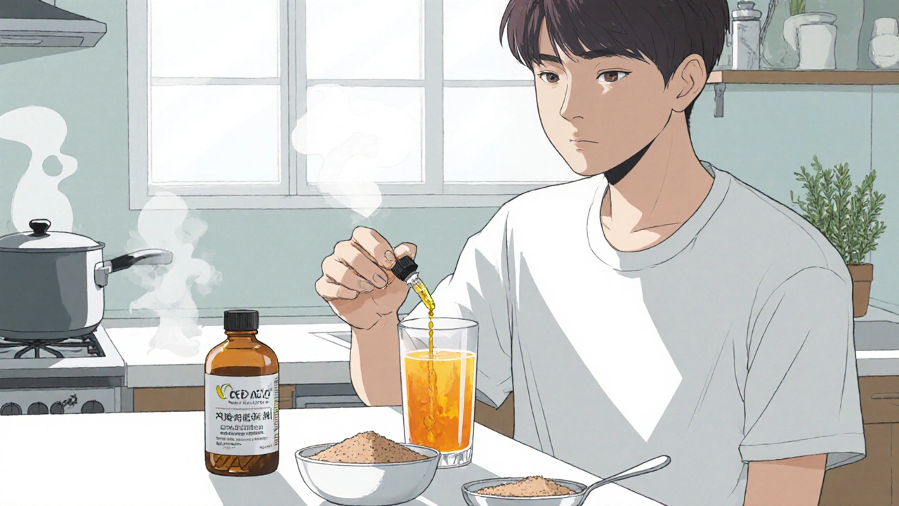 Person mixes onion extract tincture, capsules, and powder in a kitchen setting.