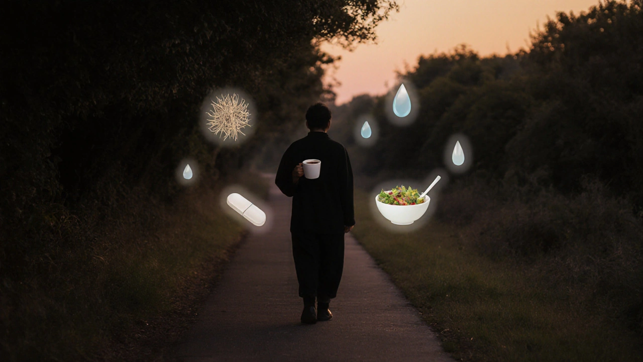 Person walking at dusk with symbols of healthy habits surrounding them.