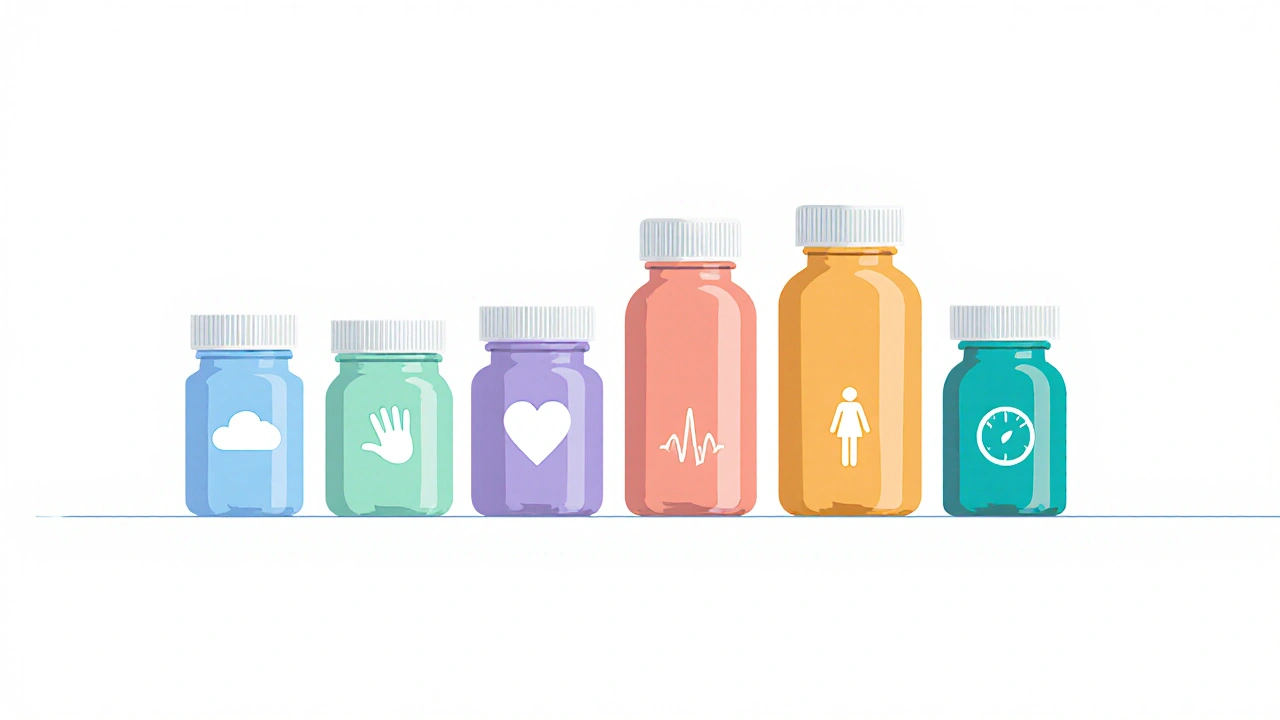Row of pastel pill bottles each paired with a simple medical icon.