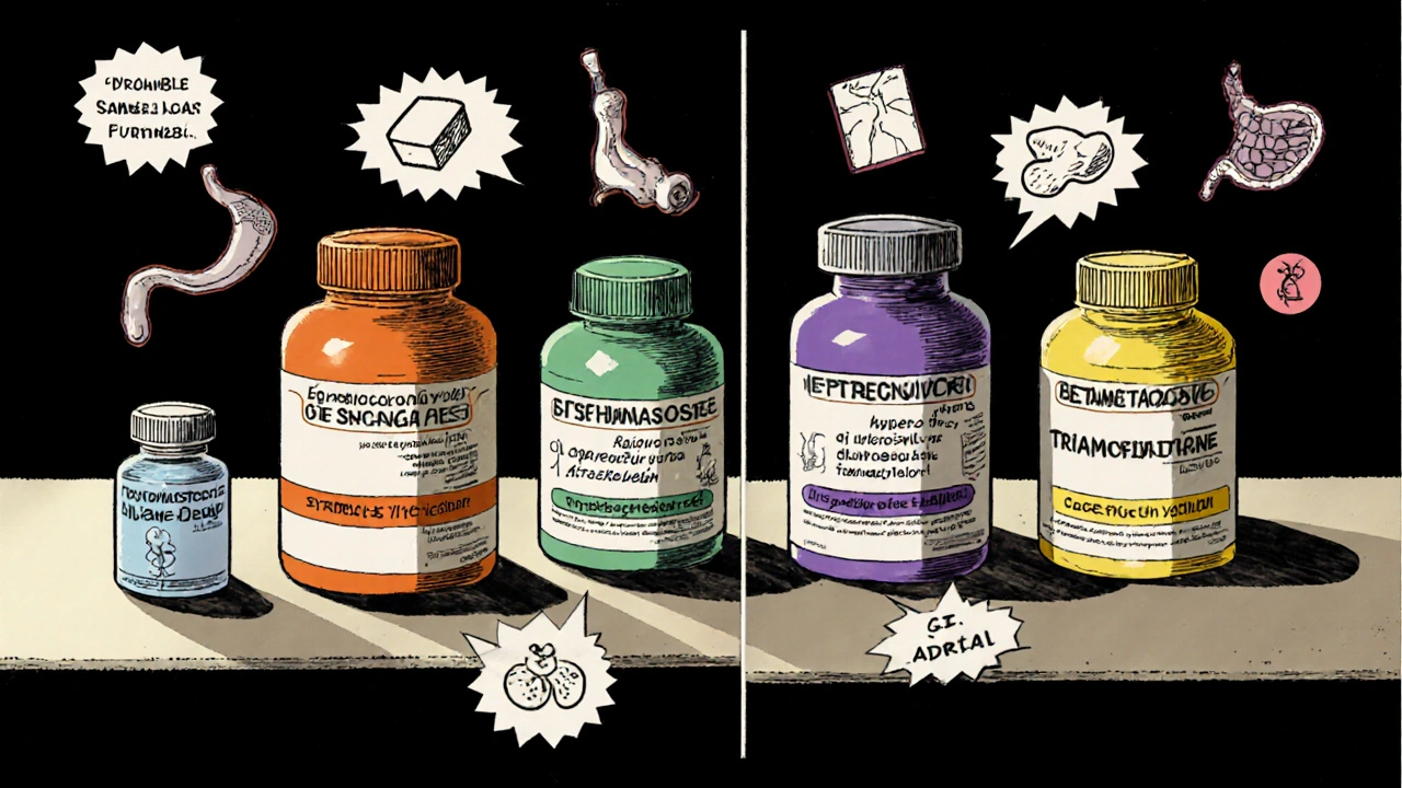 Row of steroid bottles each paired with icons for side effects in a manga panel.