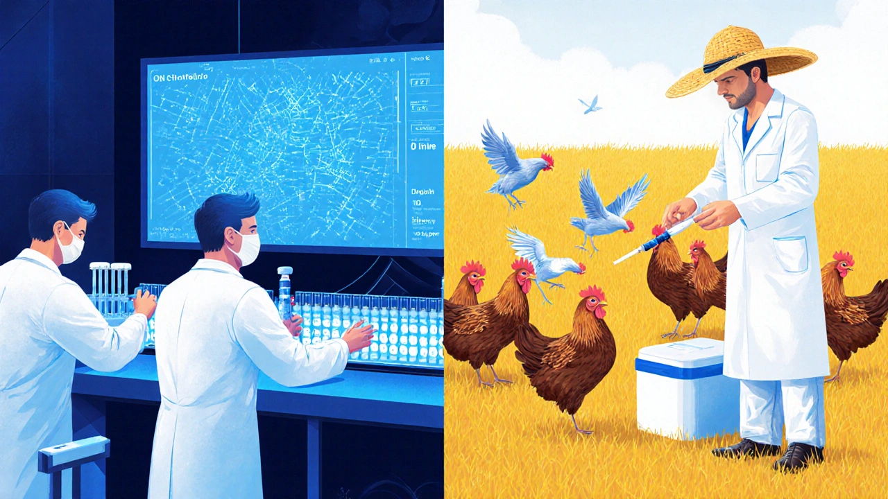 Scientists sequence bird samples in a lab while a farmer vaccinates chickens.