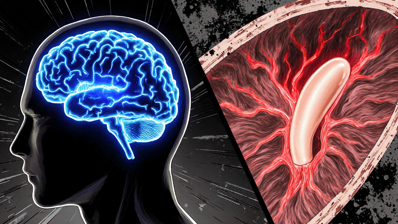 Split view of brain serotonin activity and penis blood flow showing dual drug action.