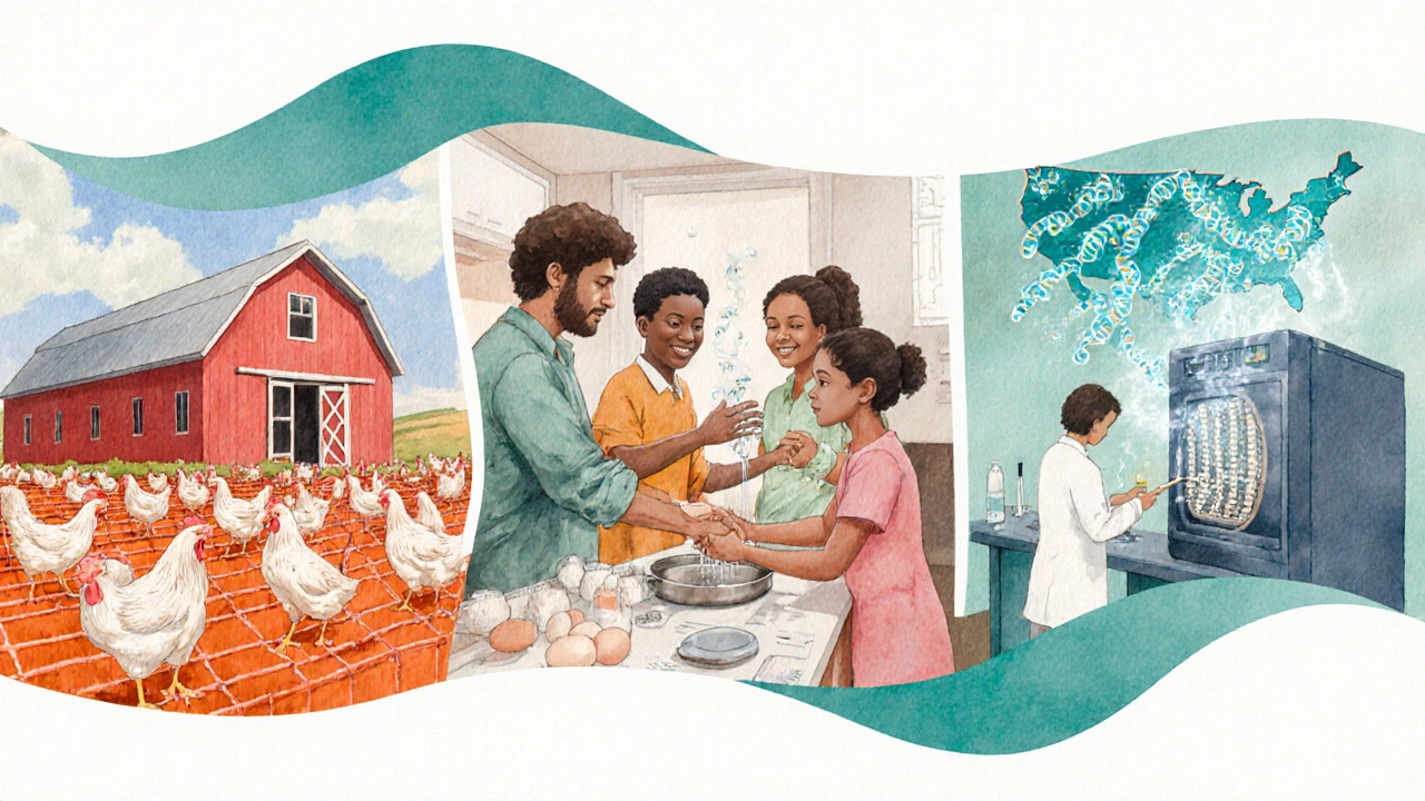 Three scenes showing farm vaccination, kitchen hygiene, and genome sequencing for Salmonella control.