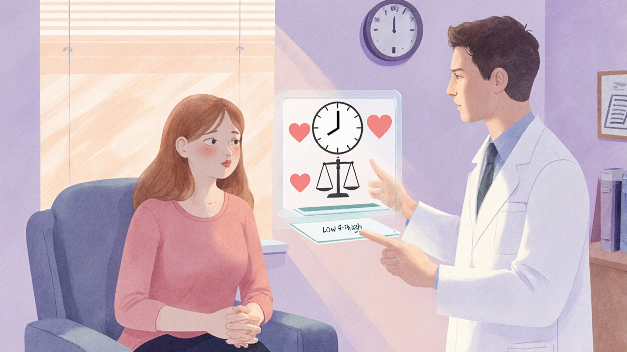 Woman discussing treatment options with a doctor, surrounded by symbols for onset, cost, and safety.
