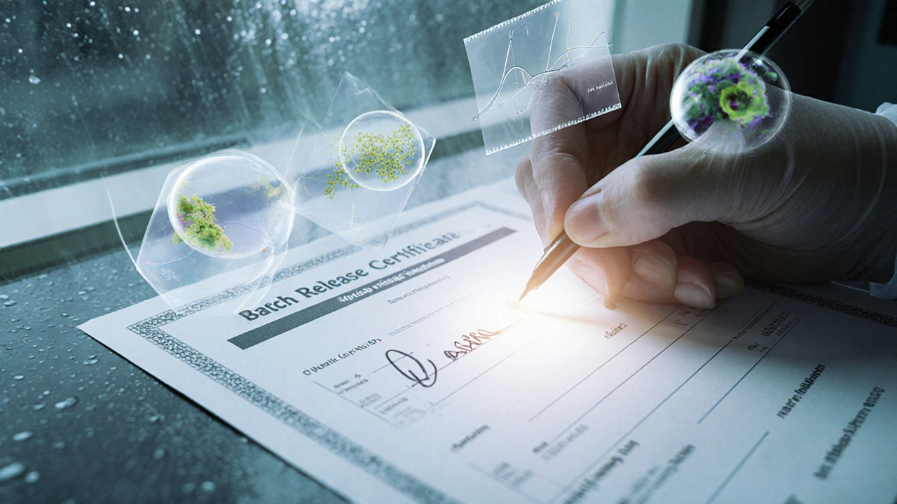 A hand signs a batch release certificate as floating images of impurities and failures hover behind, under sterile lighting.