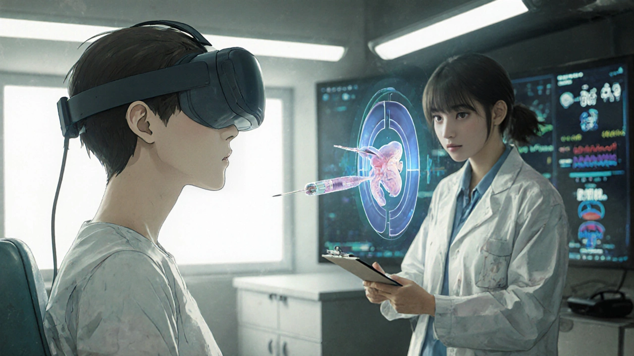 A patient in VR training simulating needle insertion into a holographic fistula, with a trainer observing nearby.