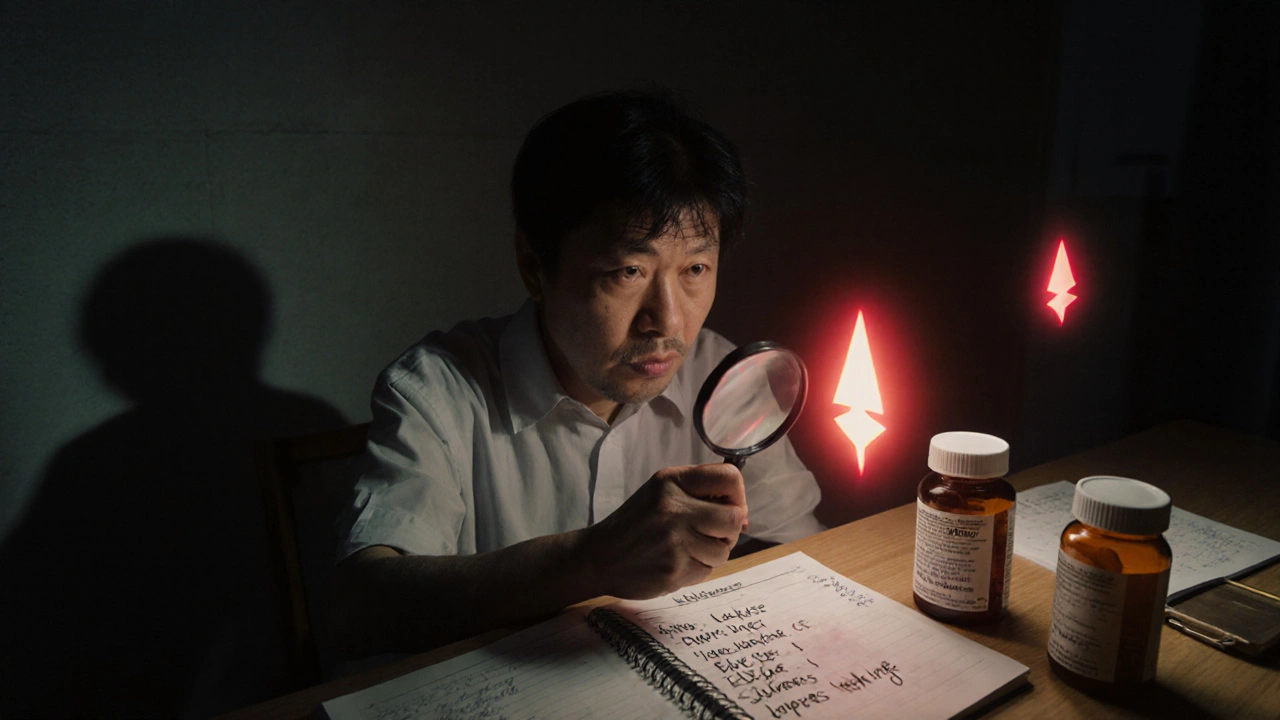 A person at night reviewing pill labels and symptoms in a journal under dim light.