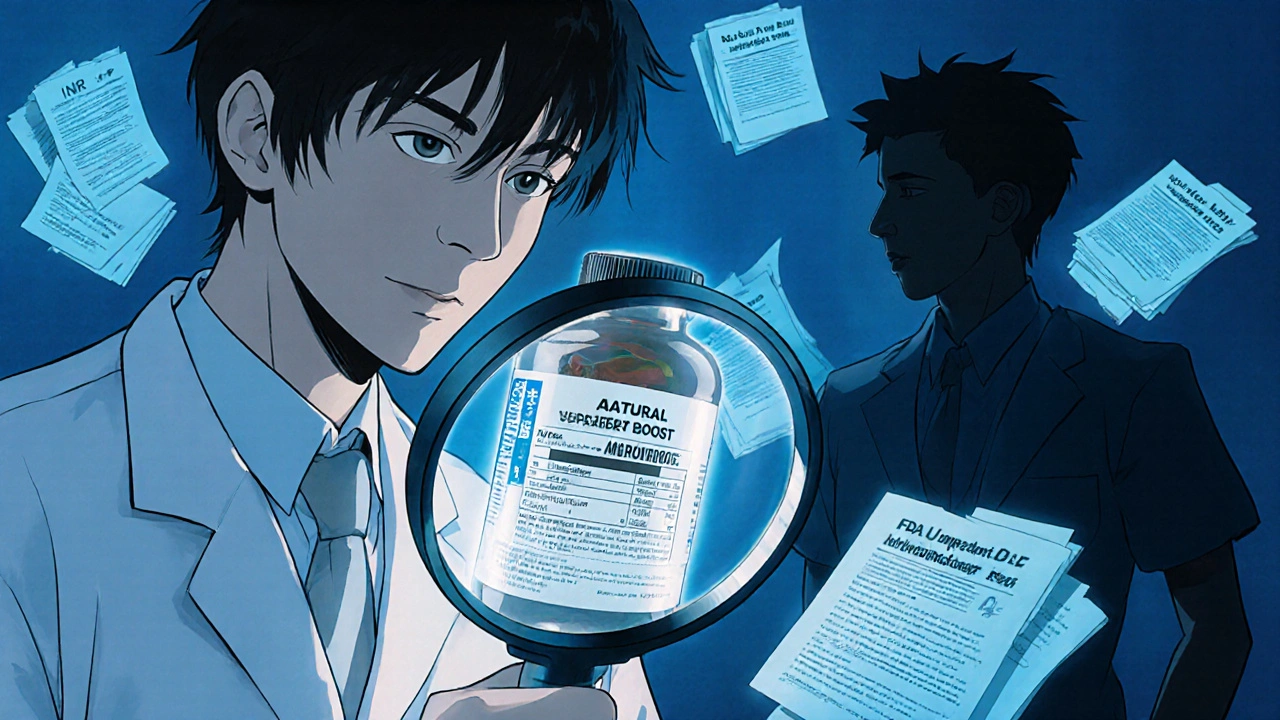 A pharmacist examining a supplement bottle revealing hidden drugs, while a doctor ignores warning notices in a cold, ominous scene.