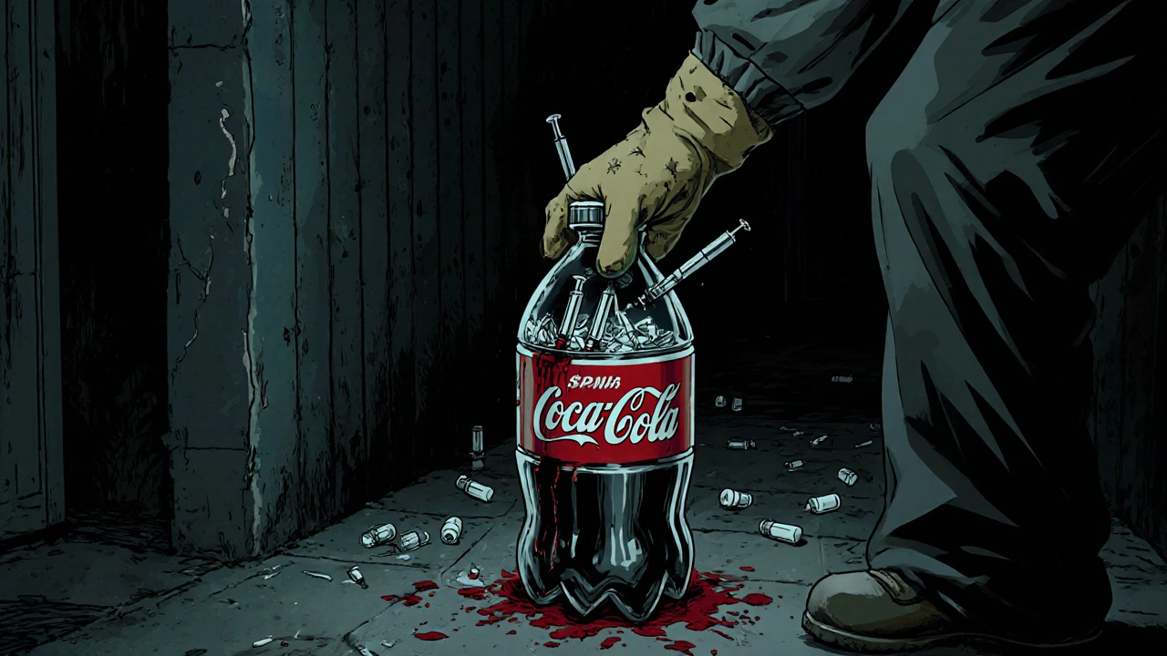 A sanitation worker discovering used needles in a recycled soda bottle, with blood on their glove and broken glass nearby.