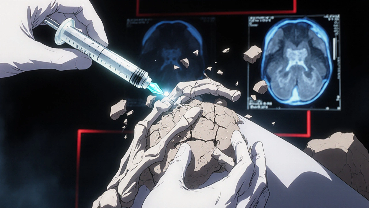 A steroid injection causing cartilage to crumble, with MRI warning lines visible in the background.