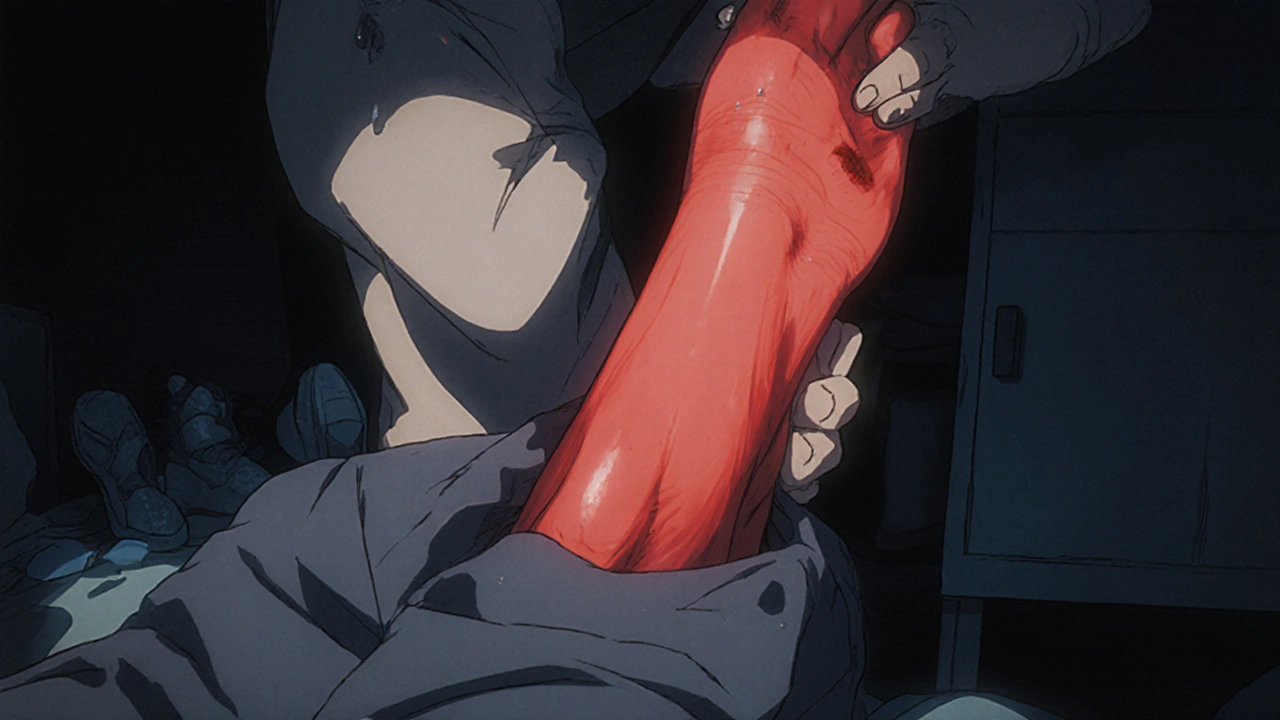 A swollen, red, warm leg with blurred edges under dim lighting, showing signs of cellulitis.